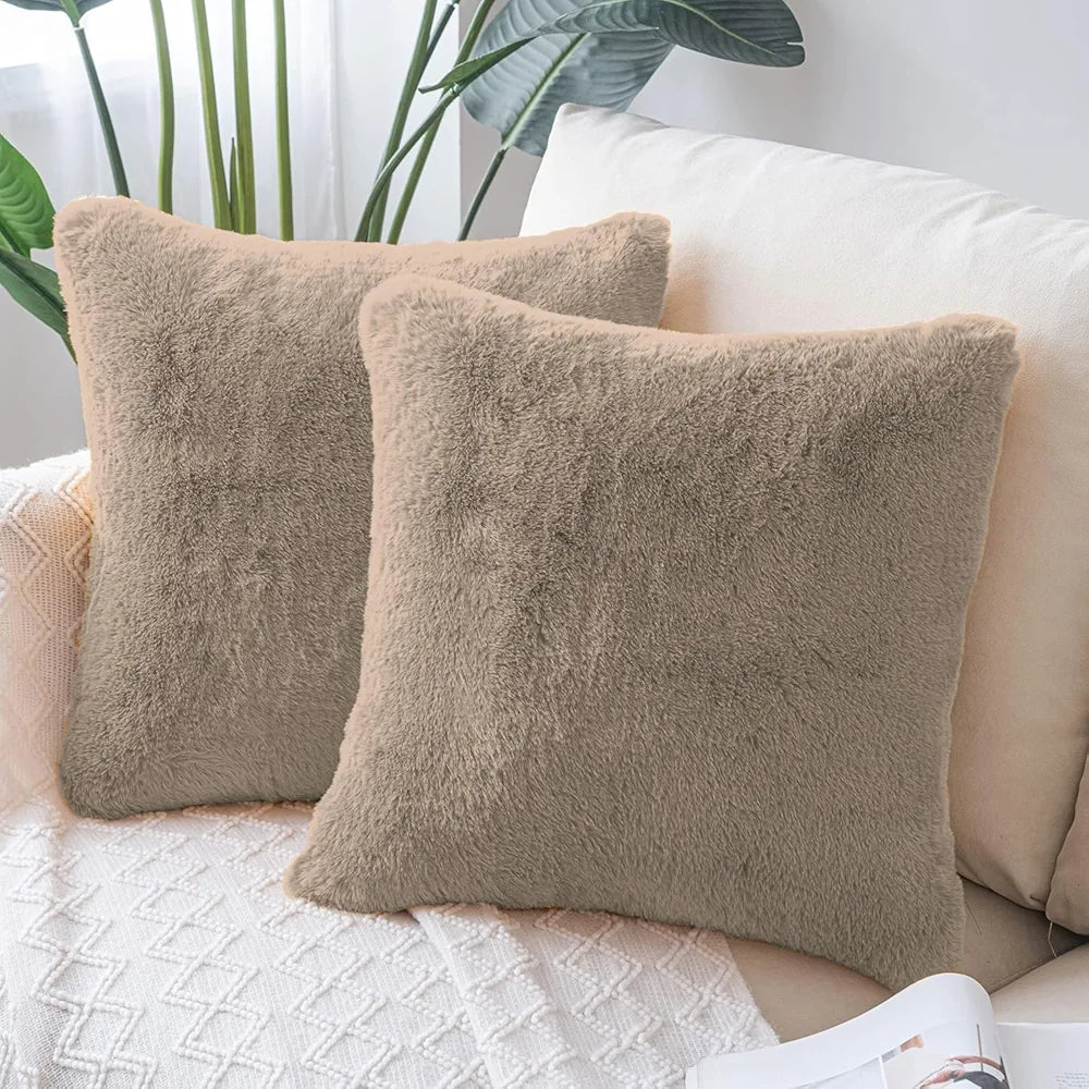 Luxe Home Cushion Cover 16 inch x 16 inch Duble Side Rabbit Fur Plain Design Covers Set of 2 for Sofa, Bedroom, livingroom